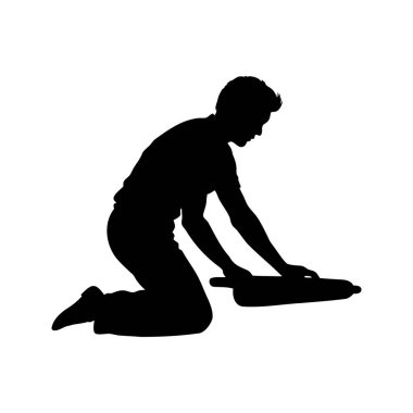 Diz çöken ve merdane kullanan bir kişinin silüeti, pişirme konsepti, hamur silueti çizimi