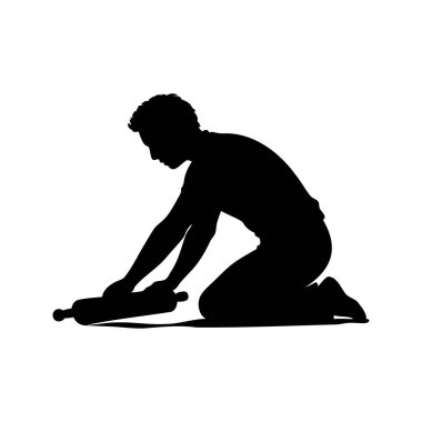 Diz çöküp merdane kullanan, yemek hazırlayan, hamur silueti çizen bir adamın silüeti.