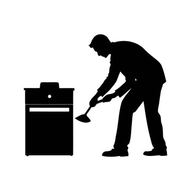 Barbekü ızgarasını doldurmak için kömür küreği kullanan bir adamın silüeti, soba sobası vektör illüstrasyonunu temizleyen kişi.