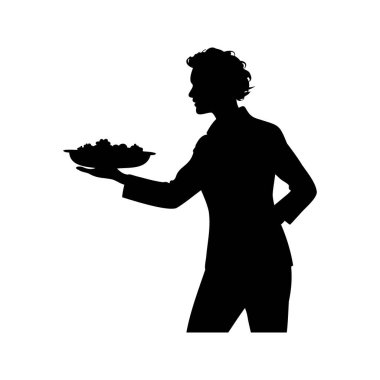 Zarif garsonun silueti sofistike ve dengeli sunar, profesyonel olarak servis yapar, salata silueti çizimi sunar