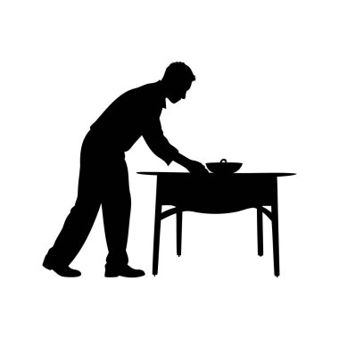 Tabloya nesneleri asgari sanatta düzenleyen kişinin silueti, masa silueti vektör illüstrasyonunu ayarlayan kişi