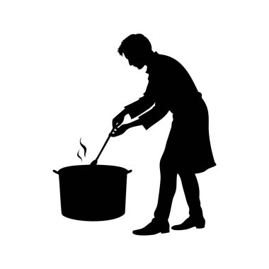 Bir aşçının silüeti, uzun bir kaşıkla buharlı tencereyi karıştırıyor, silüet vektör illüstrasyonunda karıştırıyor.