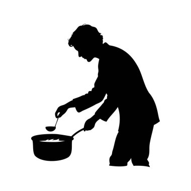 Beyaz arka planda tencere ve kepçeyle yemek pişiren bir adamın silüeti. Çorba silüetini karıştıran kişi.