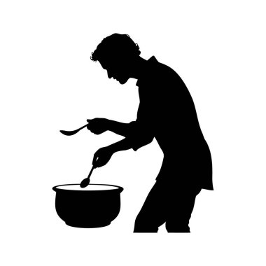 Beyaz kaşıkla yemek pişiren bir adamın silüeti. Çorba siluetini karıştıran bir adamın silüeti.
