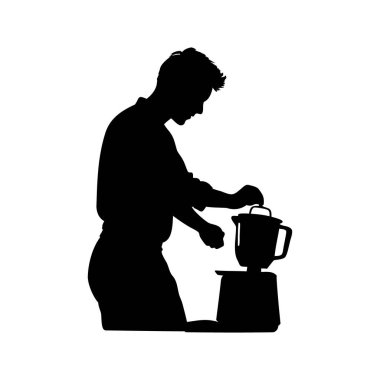 Mutfak sahnesinde blender kullanan bir şefin silueti. Blender siluet vektör çizimi kullanan biri.