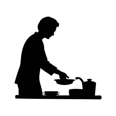 Tabaktaki bir konteynıra sıvı döken bir kişinin silüeti, bulaşık yıkama vektörü çizimi