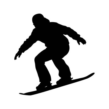 Dağdan kayan bir snowboardcunun siyah beyaz silueti. Tepe aşağı siluet çizimi yapan bir snowboardcu.