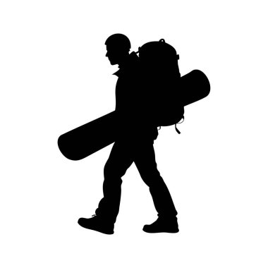 Sırt çantalı ve Snowboard 'lu Bir Adamın Silueti Beyaz Arkaplanda Yürüyor, Sırt çantası siluet vektör resimli snowboardçu