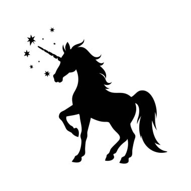 Yıldız takımyıldızında yükselen tek boynuzlu atın zarif siyah silueti, tek boynuzlu at ışıltılı siluet vektör çizimi