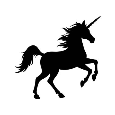 Görkemli tek boynuzlu atın silueti arka ayaklarının üzerinde yükseliyor, tek boynuzlu at dörtnala koşan siluet vektör çizimi
