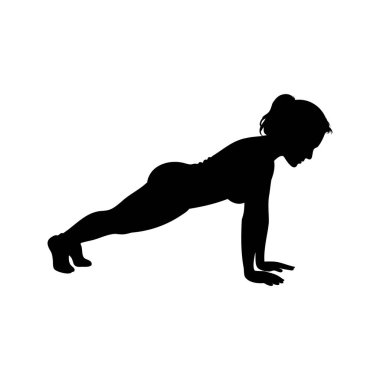 Beyaz arka planda şınav çeken bir kadının silüeti, siluet vektör çizimi yapan bir kadın.