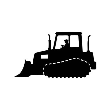 Güçlü bir Buldozer Makinesinin Siyah Silueti ve Operatörü, Buldozer silueti çizimi