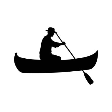 Şapkalı bir adamın silueti su üzerinde kano sallıyor, kano kürek çekiyor ve siluet vektör çizimi yapıyor.