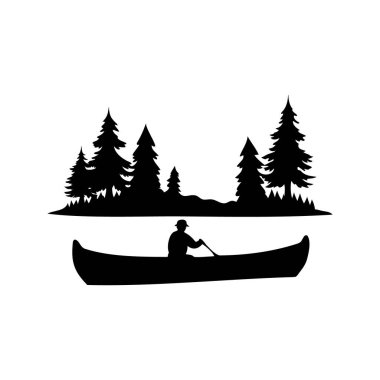 Sahilde ve beyaz arka planda ağaçlarla kano süren, gölün silüet vektör çiziminde kano gezen bir insanın silüeti.