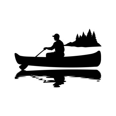 Gölde bir kano gezisinin silüeti, arkasında çam ağaçları, gölün siluetinde kano çizimi.