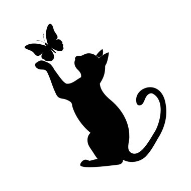 Bir kedinin silueti bir kelebeğe doğru uzanıyor neşeli bir anda, kedi kelebek silueti çizimi yakalıyor