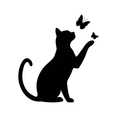 Zarif siyah kedi silueti, iki narin kelebek arkadaşıyla şakalaşarak etkileşime giriyor, kedi kelebek silueti çizimi yakalıyor.