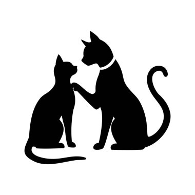 İki siyah kedi etkileşimde, biri tasma takıyor, vektör formatında, kedi başka bir kedi silueti çizimi yapıyor.