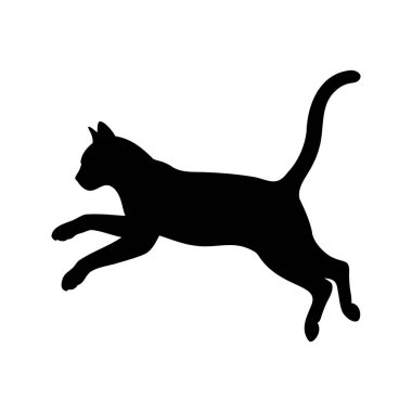 Siyah bir kedinin silueti kuyruğunu beyaz zemine dikmiş sıçrıyor, kedi silueti vektör çizimi yapıyor.