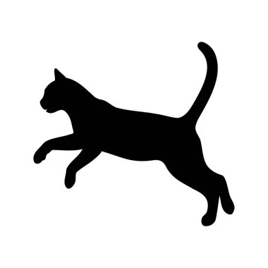 Sırtı ve kuyruğu kemerli sıçrayan bir evcil kedinin silueti, kedi zıplayan siluet vektör çizimi