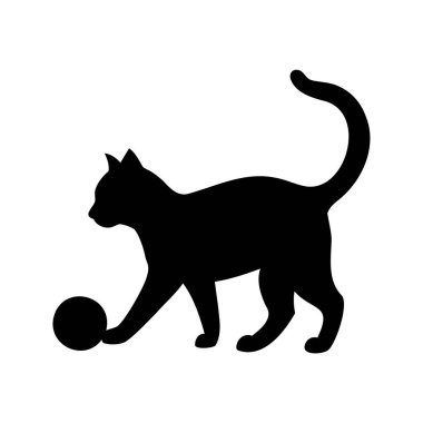 Küçük bir top oyuncağına vuran siyah bir kedinin silueti, top silueti çizimi ile oynayan kedi.