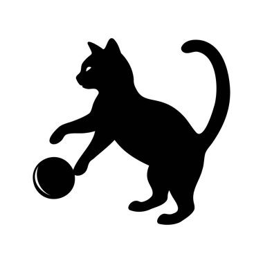 Yuvarlak top oyuncağına vuran siyah kedi silueti, top silueti çizimi ile oynayan kedi.