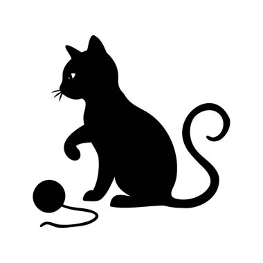 Kedinin siyah silueti iplikle oynayan bir top ile oynuyor, kedi iplik silueti vektör illüstrasyonuyla oynuyor