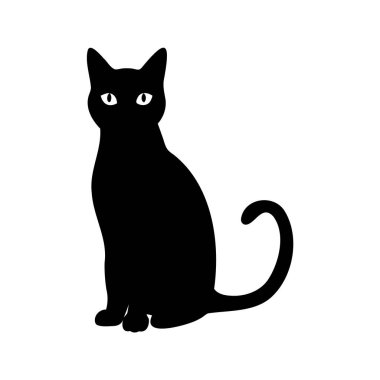 Beyaz Arkaplan 'a Karşı Oturan kıvrık kuyruklu zarif Siyah Kedi Silueti, siluet vektör çizimi