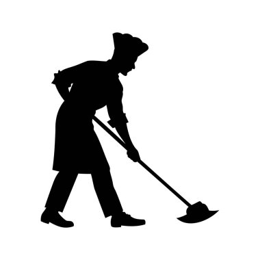 Aşçının silueti restoranın mutfağında yer kazıyıcı kullanıyor, mutfak silueti çizimlerini temizliyor.