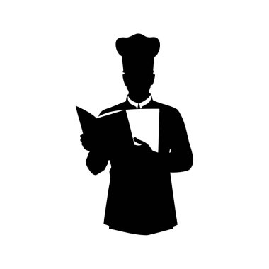 Aşçının yemek kitabı okuyan silueti, siyah beyaz profesyonel aşçı, yemek kitabı silueti çizimi tutan aşçı