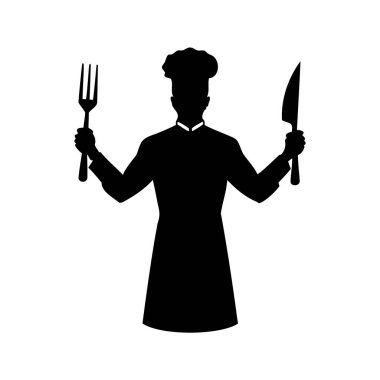 Şef siluet çatal ve bıçağı mutfak başyapıtı için hazır, şef bıçak ve çatal ve silüet vektör çizimi tutuyor.
