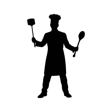 Şef 'in silueti elinde spatula ve kaşık ile lezzetli yemekler pişirmeye hazır. Şef, kepçe siluet vektör çizimi tutuyor.