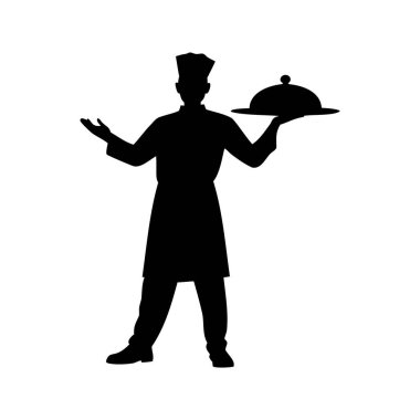 Bir şefin silueti kapaklı, servis için hazır bir tabak tutuyor, yemek tepsisi dolusu yemek silueti çizimi tutuyor.