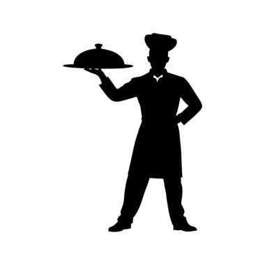 Bir şefin silueti bir tabak sunar stil ve özgüven pozu, şefin elinde bir tepsi yemek silueti çizimi