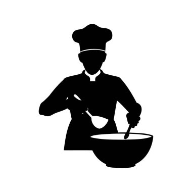 Şef, kâsede bir yemek hazırlıyor. Beyaz kaşıkla karıştırılıyor. Siyah siluet. Şef, kâse silüet vektör illüstrasyonunda malzemeleri karıştırıyor.