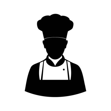 Geleneksel üniformalı ve şapkalı profesyonel bir aşçının siluet çizimi, şef şapkası ve önlük silueti çizimi olan bir aşçı.