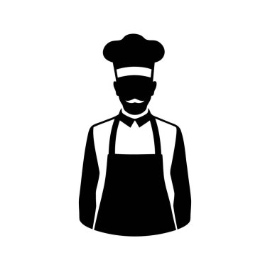 Klasik giyimli bir şefin silüeti, toka ve önlük takan, şef şapkası ve önlük çizimi olan bir aşçının silüeti.