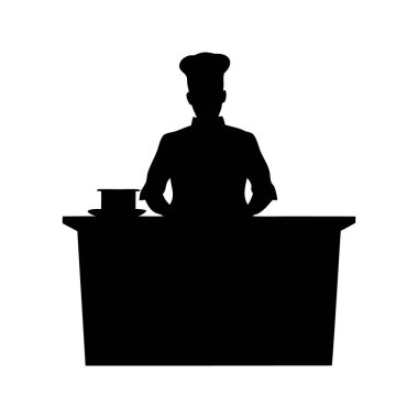 Şapkasıyla tezgahın arkasında duran bir şefin silüeti, karşı siluet vektör illüstrasyonunda çalışan bir şef.
