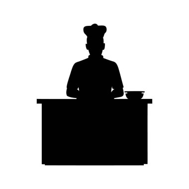 Mutfak tezgahında yemek hazırlayan bir şefin silüeti izole edilmiş, vektör illüstrasyonunda çalışan bir şef.