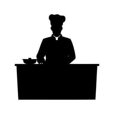 Bir tezgahın arkasında duran rahip yakalı bir şefin silueti, karşı siluet vektör illüstrasyonunda çalışan şef.