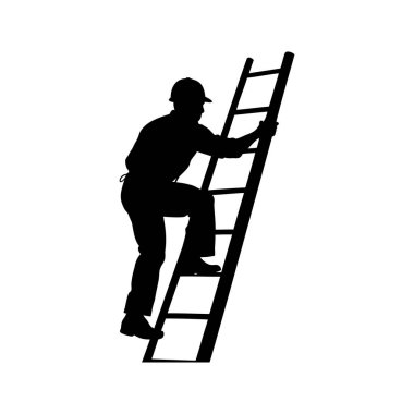 Bir inşaat işçisinin silüeti. Başlık takıyor, merdivene tırmanıyor, inşaat işçisi merdiven silueti çizimi yapıyor.