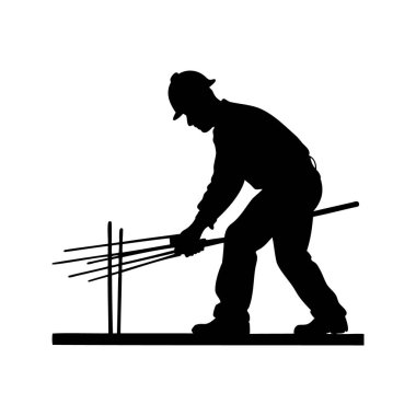 İnşaat işçisi silueti inşaat alanındaki inşaat çubuğunu manipüle ediyor, inşaat işçisi silüet vektör çizimini kesiyor