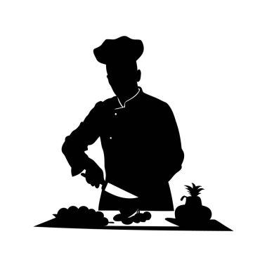 Masada bıçakla yemek hazırlayan bir şefin silueti, sebzeleri dilimleyen bir şefin silüeti.