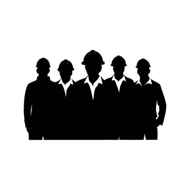 İnşaat işçilerinin silueti Sert Şapkalar Giyiyor Takım olarak Bir arada Duran İnşaat işçisi silüeti vektör çizimi