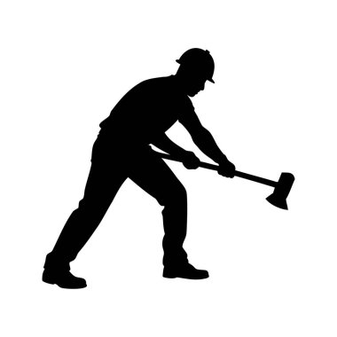 Ormanda baltayla odun kesen bir oduncunun silueti, balyoz vektör çizimi kullanan inşaat işçisi.