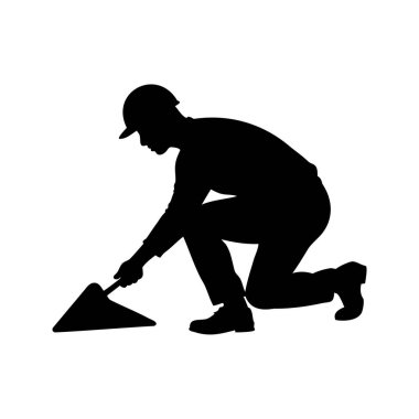 Sert şapkalı ve malalı inşaat işçisinin silueti gösteriliyor, mala siluet vektör çizimi kullanan inşaat işçisi