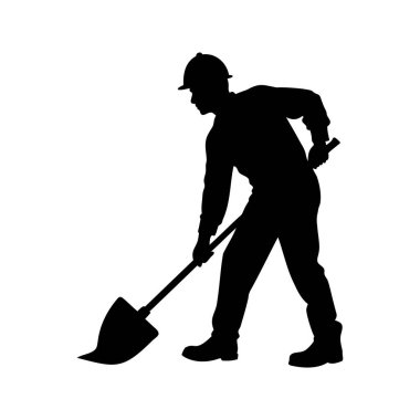 Beyaz arka planda küreği olan bir inşaat işçisinin silueti, kürek silueti çizimi olan bir inşaat işçisi.