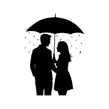 Yağmur Altında Şemsiyesini Paylaşan Bir Çiftin Romantik Silueti, yağmur siluetinde şemsiye tutan çift