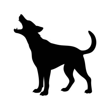 Uluyan bir köpeğin silueti başı göğe yükselmiş, köpek havlayan siluet vektör çizimi