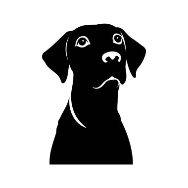 Beyaz üzerine garip bir ifadeyle yukarı bakan bir köpeğin siyah silueti, siluet vektör illüstrasyonuna bakan bir köpek